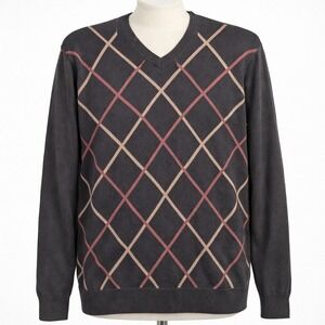 Mens Silk Cotton V Neck Argyle Long Sleeve Pullover‎ Sweater Black Tan M Preppy